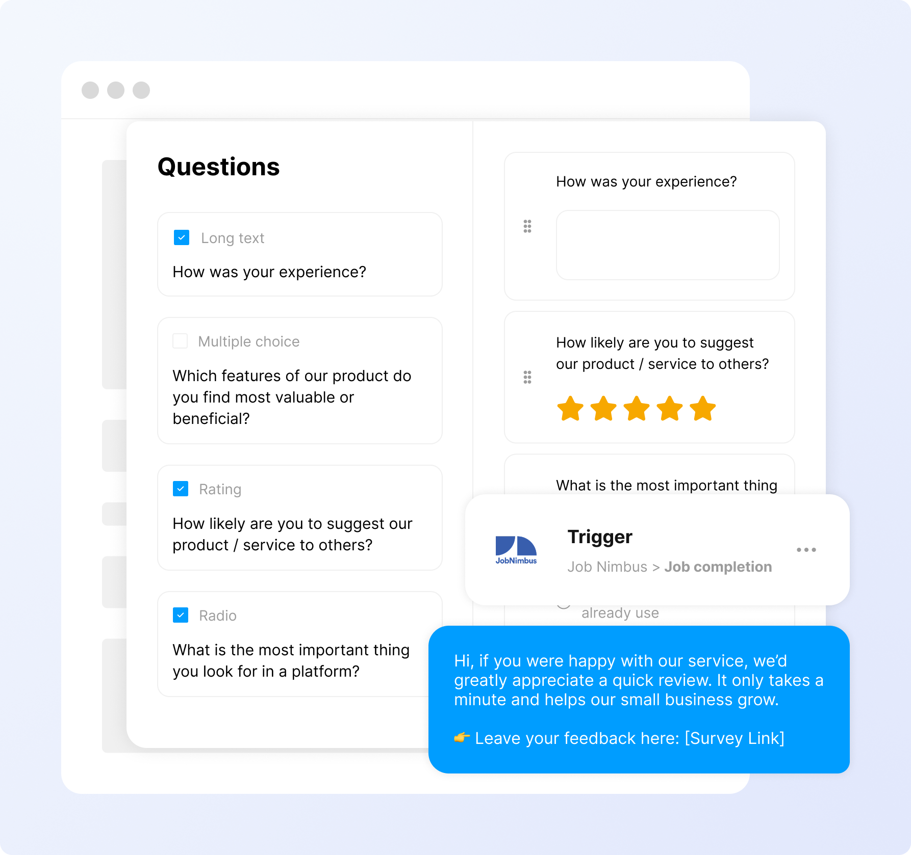 Automated customer surveys for JobNimbus integration